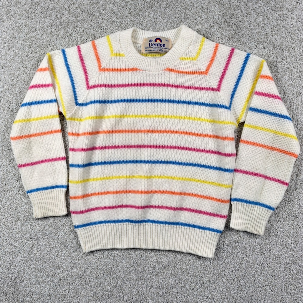 Dr. Denton Sweater Kids 6X Cream Rainbow Horizontal Stripe Vintage Knit Raglan